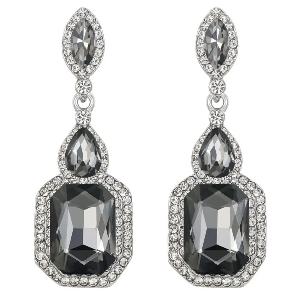 Silver with Charcoal Gray Austrian Crystal Infinity Chandelier Post Earrings